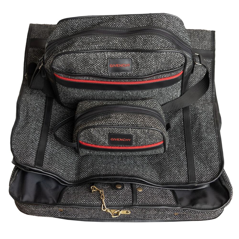 Vintage Designer 3-Piece Tweed Travel Carry-On Toiletry Garment Bag Luggage Set